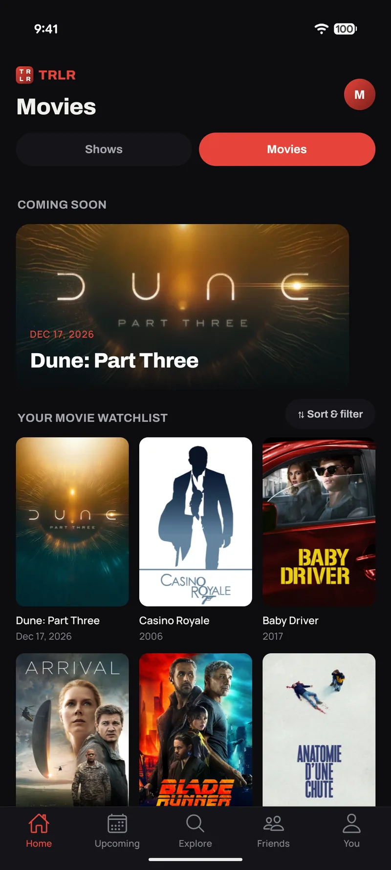 TRLR home screen — your watchlist with a hero card and one-tap marking