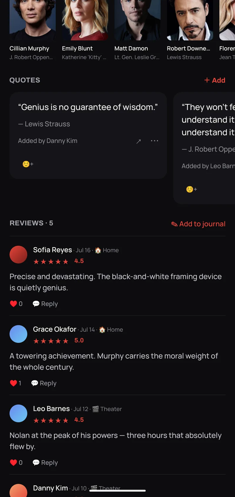 Quotes carousel on a film's page