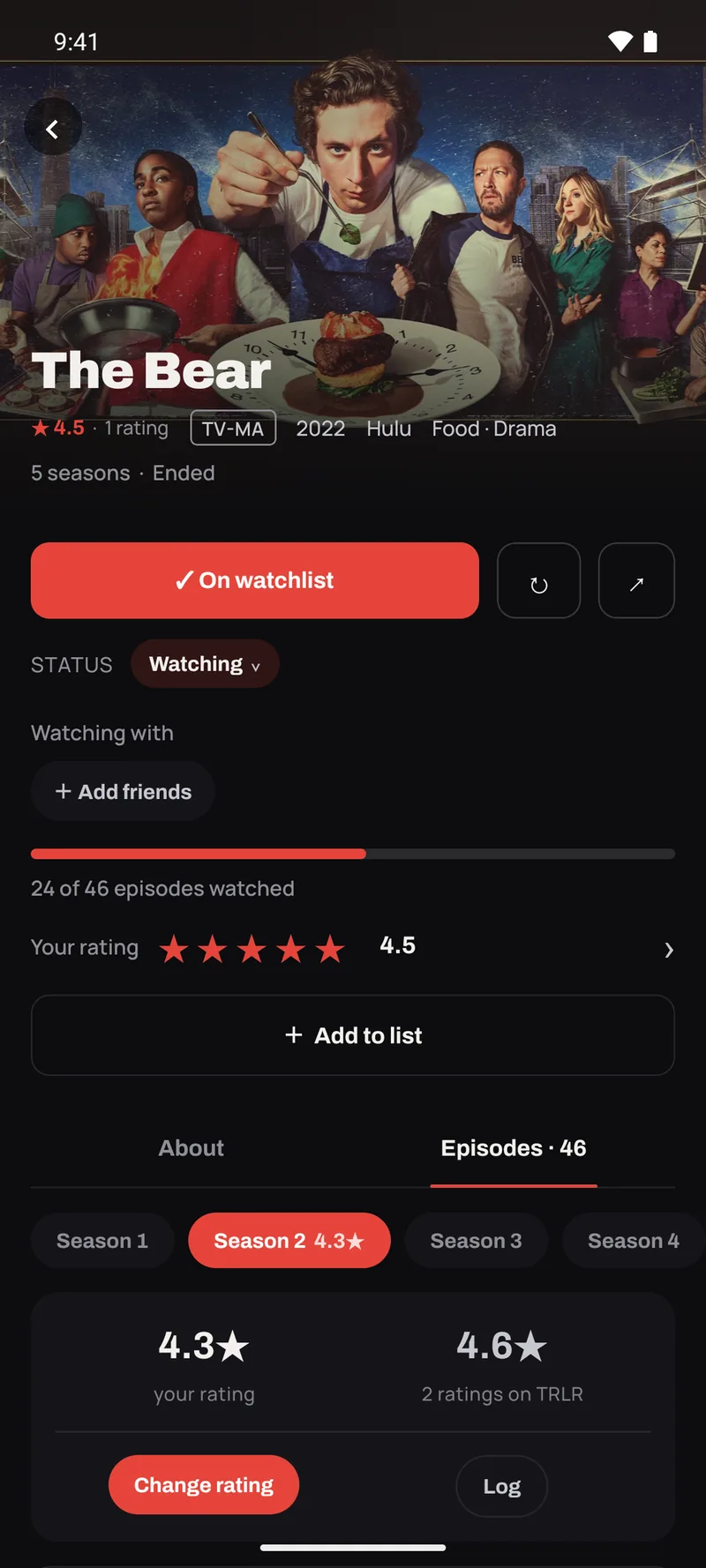 A show's page — status, per-episode progress, season chips carrying your rating, and a decimal rating