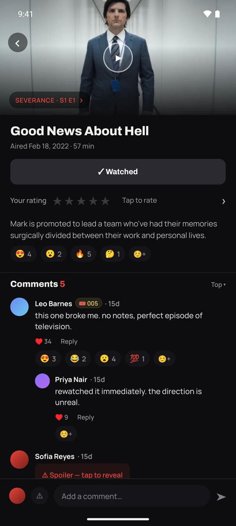 An episode thread — emoji reactions, threaded replies and a spoiler still masked