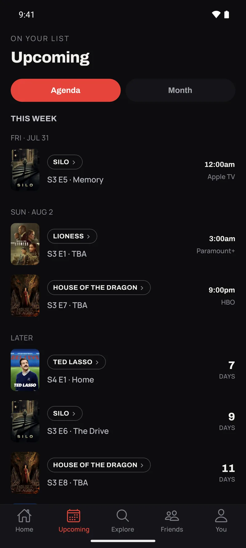 The upcoming calendar in Agenda view — episodes by air date, with broadcast time and network, and a Month toggle