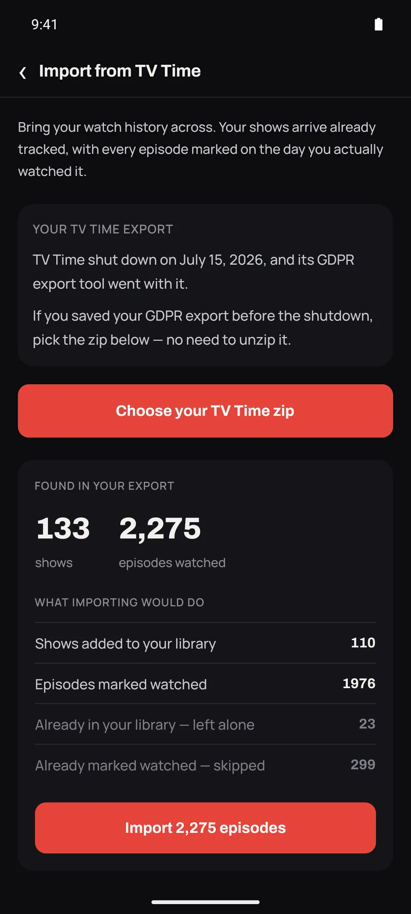 A TV Time GDPR export read back — 133 shows and 2,275 episodes, and what importing would do