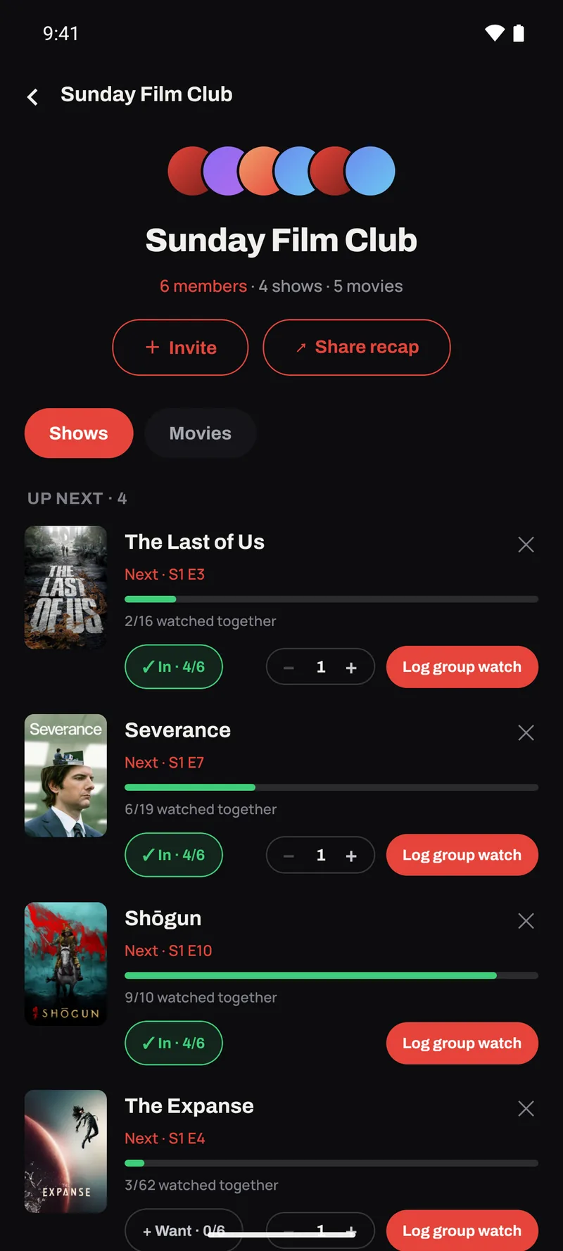 A TRLR group — six members, four shows in flight, each with the group's shared progress