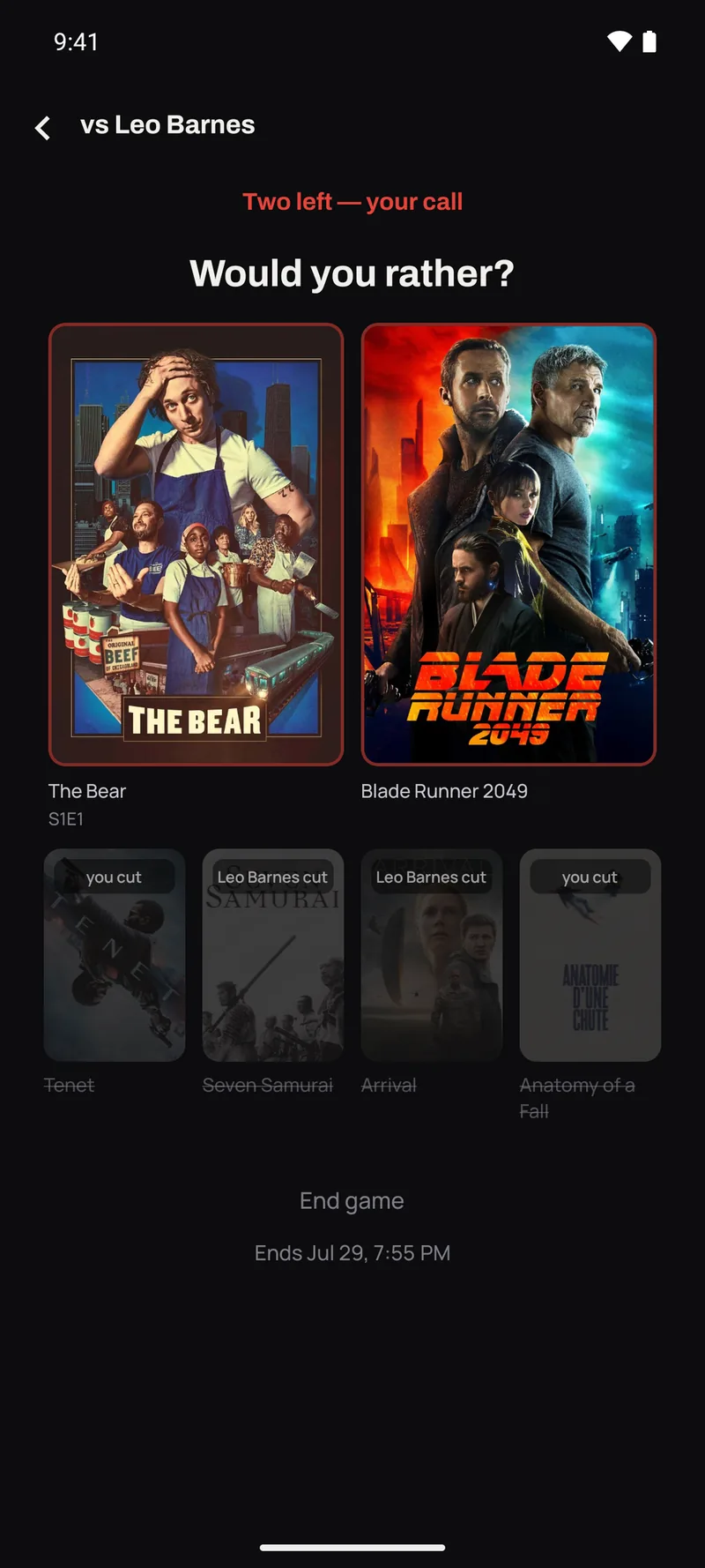 A Would You Rather game at two left — The Bear and Blade Runner 2049 still standing, four cut titles greyed out below